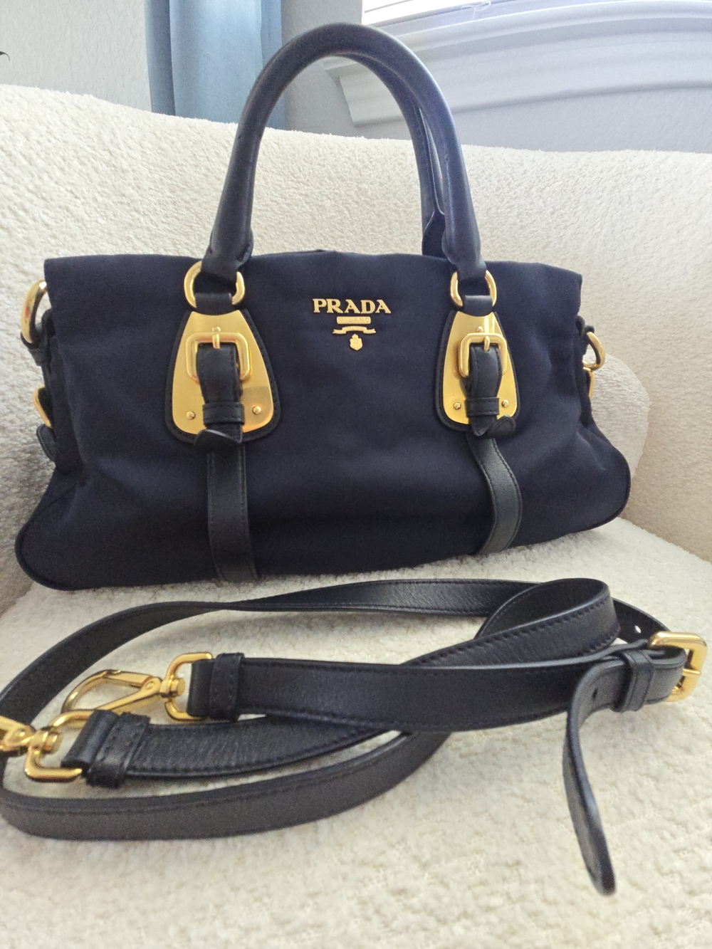 Prada Blue Tessuto Nylon & Soft Calfskin Leather Top Handle Bag - Picture 3 of 17